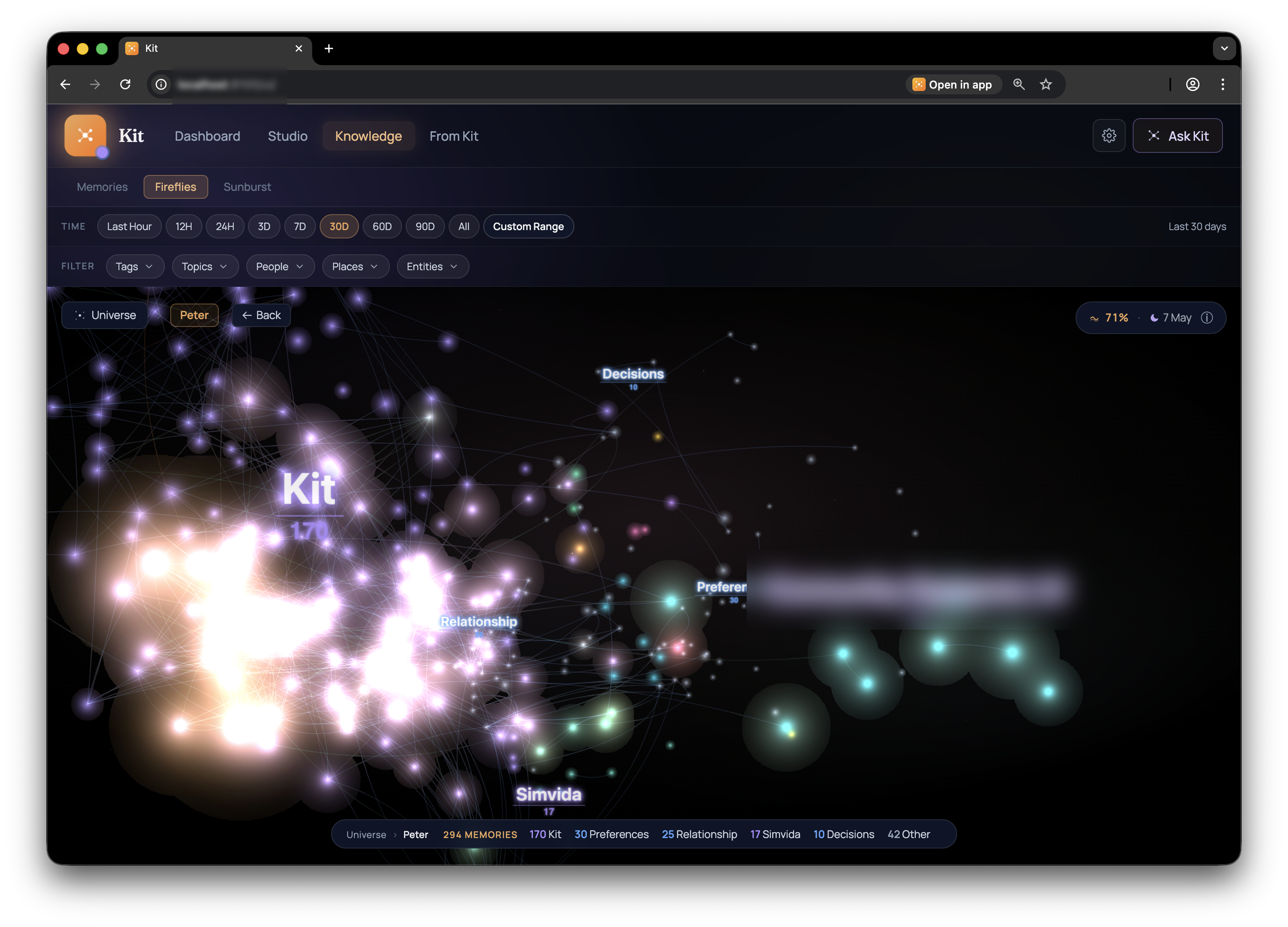 Kit's Fireflies view: a dark 3-D galaxy of glowing dots arranged in space, each dot a memory, clustered by topic. Lines connect related memories. The user can fly through the network and click any firefly to read the memory it represents.