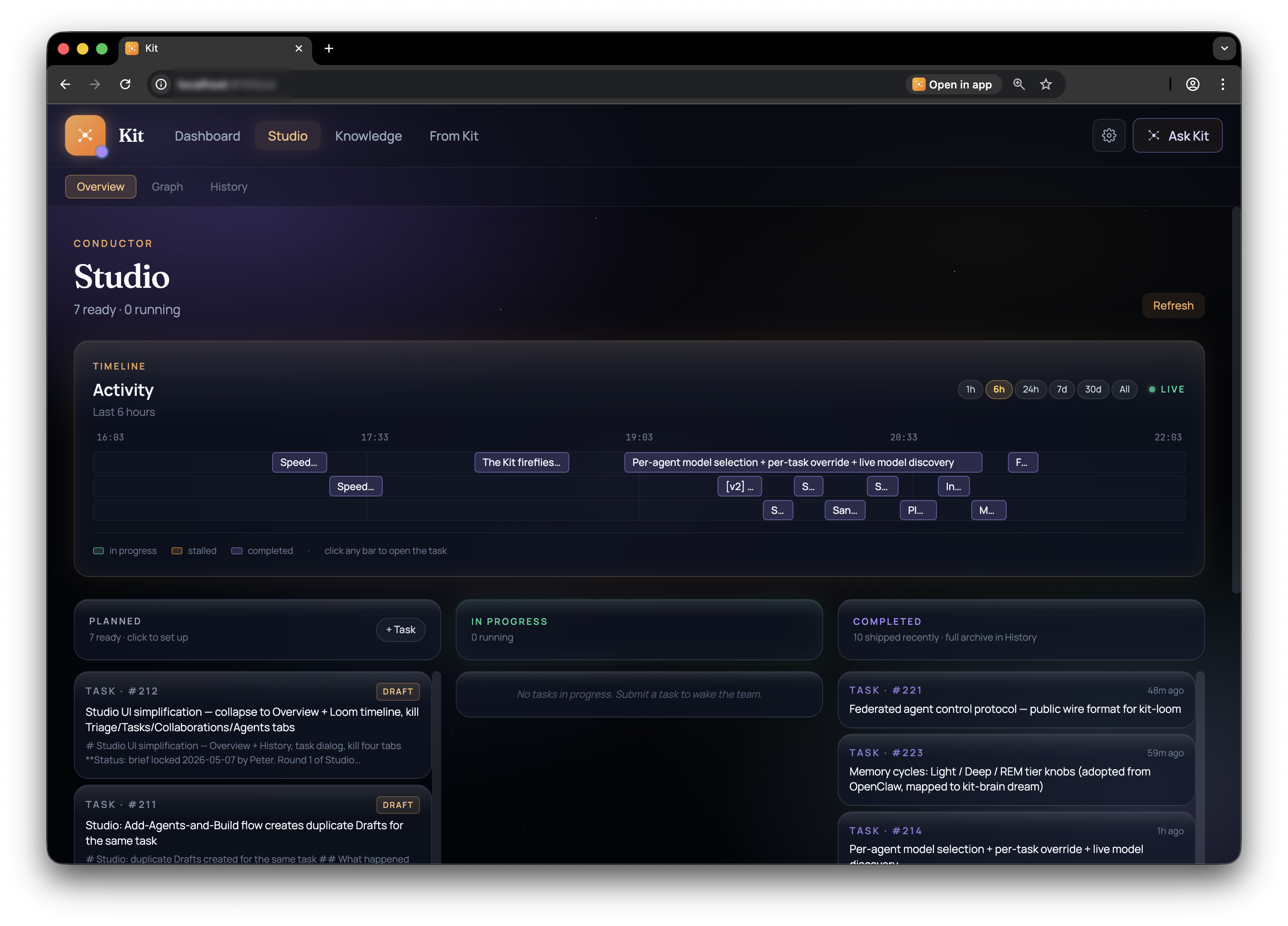 Kit's Studio Overview: an Activity timeline of recent task work above three columns labelled Planned, In Progress, and Completed. Each task card shows its title, status, and the team of agents running on it.